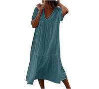 Vestidos Verano Mujer 2024,Corte Suelto Vestido Mujer con Cuello en Pico Moda Color Solido Vestido Largo Verano Mujer Plisado Vestidos Playeros de Manga Corta Informal Maxi Vestidos