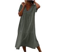Vestidos Verano Mujer 2024,Corte Suelto Vestido Mujer con Cuello en Pico Moda Color Solido Vestido Largo Verano Mujer Plisado Vestidos Playeros de Manga Corta Informal Maxi Vestidos