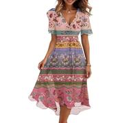 Vestidos Verano Mujer 2026, Dress, Corta Tallas Grandes Cuello V Manga Corta Frescos Boho Playa Invitada Vestidos de Elegantes, Cortas Dress Verano Cortos Largas Ropa Mujer Elegante, XL