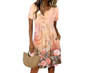 Vestidos Verano Mujer 2026, Vestido, Casa Largos Elegantes Fiesta Cortas Cortos Elegante Manga Corta Botones Corta Ropa Efecto Adelgazante Dress, Talla Grande Ropa Mujer Verano 2026, L