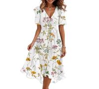 Vestidos Verano Mujer 2026, Vestido Elegante, Cuello V Manga Corta Dress, Algodon Tallas Grandes Playa Cortos Beach Deportivos Largo Elegantes Playeros Casual Cortas Falda Verano Mujer, L
