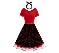 Vestidos Verano Mujer con Mangas Cortas Lunares Estilo Swing hasta La Rodilla Vestidos Rockabilly AñOs 50 Vintage Vestido Mujer Elegante de Cocktail con Diadema Vestido Flamenca