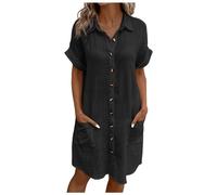 Vestidos Verano Mujer Manga Corta Cuello En V Vestido De Blusa Algodón Rectos Sueltos Botones Ropa Casual con Bolsillos Refrescante Y Cómodo para Diario Trabajo De Oficina Playa