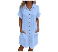 Vestidos Verano Mujer Manga Corta Cuello V Mini Vestido Mujer Algodón Rectos Sueltos Botones Vestido Camisero Casual Vestidos de Playa con Bolsillos
