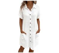 Vestidos Verano Mujer Manga Corta Cuello V Mini Vestido Mujer Algodón Rectos Sueltos Botones Vestido Camisero Casual Vestidos de Playa con Bolsillos