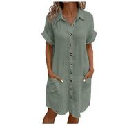 Vestidos Verano Mujer Manga Corta Cuello V Mini Vestido Mujer Algodón Rectos Sueltos Botones Vestido Camisero Casual Vestidos de Playa con Bolsillos