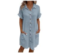 Vestidos Verano Mujer Manga Corta Cuello V Mini Vestido Mujer Algodón Rectos Sueltos Botones Vestido Camisero Casual Vestidos de Playa con Bolsillos