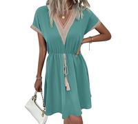 Vestidos Verano Mujer Mangas Cortas Elegante Vestido Casual Playa Vestidos Boho Chic Cuello en V con Ribete de Encaje Fiesta Summer Dress