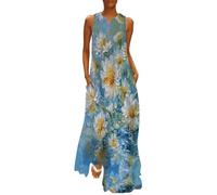 Vestidos Verano Mujer Margarita Vintage Sin Mangas Tallas Grandes Vestido Pintura Al Óleo Botánica Largo Cuello V Elástico Maxi Vestido Elegante De Playa Casual Fiesta Invitada Boda S-5Xl, Azul