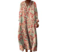 Vestidos Verano Mujer Mayor Lino y Algodon Vestidos Fiesta Primavera Cuello en V Dresses Elegantes Cómodo con Bolsillos Vestido Largos Transpirable Dress Manga Larga Casual Tallas Grandes Beach