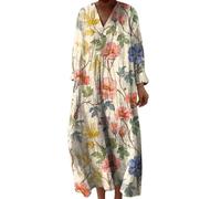 Vestidos Verano Mujer Mayor Lino y Algodon Vestidos Fiesta Primavera Cuello en V Dresses Elegantes Cómodo con Bolsillos Vestido Largos Transpirable Dress Manga Larga Casual Tallas Grandes Beach