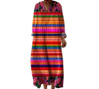 Vestidos Verano Mujer Mayor Lino y Algodon Vestidos Fiesta Primavera Cuello en V Dresses Elegantes Cómodo con Bolsillos Vestido Largos Transpirable Dress Manga Larga Casual Tallas Grandes Beach