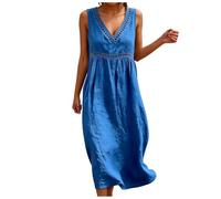 Vestidos Verano Mujer sin Mangas Escote en V Largo Vestido de Lino y Algodón Holgados Ligeros y Fluidos Vestidos Elegante Diseño Calado Boho Roba Ligera y Elegante para Fiesta Playa Vacaciones