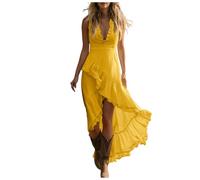 Vestidos Verano Mujer sin Mangas Vestidos Casual Cuello En V Profundo Dobladillo con Volantes Lino Vestido Largo Asimétrico Vestido de Verano Transpirable Ligero Boho para Fiesta Playa Vacaciones