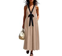 Vestidos Verano Mujer,Vestido Sin Mangas con Escote en V Profundo Color Sólido Casual Vestido Largo Recto Holgado con Lazo Ligero Cómodo y Transpirable Vestido Maxi para Playa Uso Diario