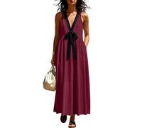 Vestidos Verano Mujer,Vestido Sin Mangas con Escote en V Profundo Color Sólido Casual Vestido Largo Recto Holgado con Lazo Ligero Cómodo y Transpirable Vestido Maxi para Playa Uso Diario