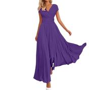 Vestidos Verano Mujer Vestido Veraniego de Estilo Bohemio con Escote en V, Manga Corta Cintura Ajustada (Dark Purple, L)