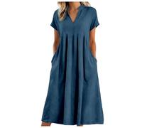 Vestidos Verano Mujer Vestidos Verano Mujer Largos, Lino Natural Transpirable Cuello En V para Vacaciones Vestido De Fiesta Mujers Elegantes Vestido Tejido Elástico Frío