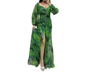 Vestidos Vestir Dress De Noche Para Mujer Con Hombros Descubiertos Manga Larga De Farol Dobladillo Dividido Cintura Alta Estampado Hasta El Suelo Vestido De Fiesta De Banquete De Fiesta S Verde