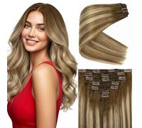 VeSunny - Extensiones de cabello humano grueso con clip de 16 pulgadas, color rubio degradado, balayage, color marrón claro #8 que se desvanece a rubio #22, mezcla de marrón, cabeza completa, cabello