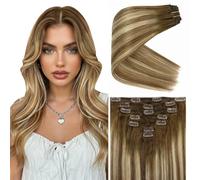 VeSunny - Extensiones de cabello humano grueso con clip de 16 pulgadas, color rubio degradado, balayage, color marrón claro #8 que se desvanece a rubio #22, mezcla de marrón, cabeza completa, cabello