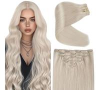 VeSunny - Extensiones de cabello humano rubio #60 con clip, de doble trama, color rubio platino, de 20 pulgadas, 7 unidades, 120 g/juego