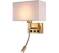 VETCS Lámparas de pared modernas con puerto de carga USB Aplique de pared dorado Lámpara de pared de tela Interruptor de encendido/apagado Focos de lectura de montaje en pared LED for dormitorio Sal