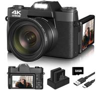 VETEK Cámara Vlogging para YouTube, digitales 4K 48MP para fotografía Zoom digital 16X enfoque manual compacta con lente macro y gran angular de 52 mm, tarjeta TF 32G y 2 baterías (color negro), WX02