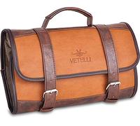 Vetelli Neceser de cuero para hombre, resistente al agua, 2 bolsillos internos con cremallera, 2 bolsillos internos con cierre a presión y gancho para colgar., Marrón, Neceser con diseño único para