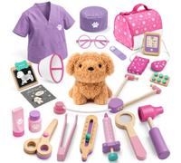 Veterinario Juguete de Madera, Juguete Educativo para Niños de 3+(Rosa) | Maletin Medico Juguete Perro de Peluche, Kit Medico Infantil, Disfraz y Bolsa, Juguetes Niños 3 Años