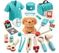 Veterinario Juguete de Madera, Juguete Educativo para Niños de 3+(Verde) | Maletin Medico Juguete Perro de Peluche, Kit Medico Infantil, Disfraz y Bolsa, Juguetes Niños 3 Años