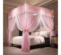 VETHIN 4 Corners Post Ruffle Princess Bed Canopy Curtain-Double Layer Cozy Drape Netting 4 Opening Mosquito Net for Girls Adults Bedroom Decoration (Pink/Whtie,64" W*82" L*82"*H/Queen)
