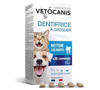 Vetocanis | Pasta Dientes Perro y Gato Masticable | Refuerza el Esmalte | Pasta de Dientes para Perros y Gatos Anti-Sarro | Perros y Gatos Pequeños | Sabor Pollo | 30 Pastillas | Fabricado en Francia