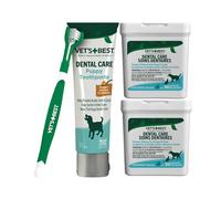 Vet's Best Paquete de cuidado dental para cachorros para perros y gatos - Pasta de dientes enzimática de mantequilla de maní, cepillo de dientes para cachorros de triple cabeza y toallitas dentales