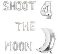 Vetwo Shoot 4 globos de la luna en el espacio exterior plateado 4º cumpleaños fiesta Banner Love You to the Moon and Back/Astronaut/Space Man/Robot/Galaxy/OVNI Theme Happy Fourth Birthday Party Supplies Decoraciones