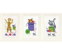 Vevaco Kits De Punto De Cruz Contado Tarjeta De Felicitación DIY Creativo Kit juego de 3 GATOS JUGUETONESManualidades Bordar Kit Principiantes Regalo ca. 10,5 x 15 cm Cross Stitch Embroidery