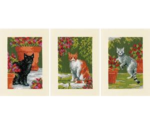 Vevaco Kits De Punto De Cruz Contado Tarjeta De Felicitación DIY Creativo Kit juego de 3 LOS GATOS ENTRE FLORESManualidades Bordar Kit Principiantes Regalo ca. 10,5 x 15 cm Cross Stitch Embroidery