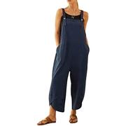VEVESMUNDO Peto de verano para mujer, holgado, de algodón, largo, elegante, retro, holgado, con piernas anchas, mono, con bolsillos, 34, 36, 38, 40, 42, 44, 46, 48, 50, azul, XXL