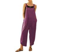 VEVESMUNDO Peto de verano para mujer, holgado, de algodón, largo, elegante, retro, holgado, con piernas anchas, mono, con bolsillos, 34, 36, 38, 40, 42, 44, 46, 48, 50, morado, M