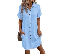 VEVESMUNDO Vestido de verano de manga corta para mujer, de algodón, lino, muselina, vestido de lino, vestido de playa, vestido de camisa, vestido informal hasta la rodilla, con bolsillos, azul, XXL