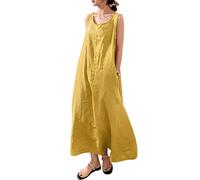 VEVESMUNDO Vestido de verano para mujer, de algodón, sin mangas, informal, holgado, largo, para la playa, vestido de lino, vestido informal con bolsillos, tallas 34, 36, 38, 40, 42, 44, 46, 48, 50,