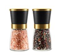 Vevok Chef Set de Molinillo de Sal y Pimienta Dorado, Núcleo de Cerámica de Grosor Ajustable, Molinillo de Especias Recargable con Cuerpo de Vidrio de Cristal Transparente, Estilo de Mármol