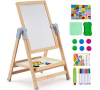 VEVOR 2 en 1 Caballete para Niños, Caballete de Madera de Doble Cara con Pizarra Magnética y Pizarrón, Tablero de Dibujo Plegable Giratorio de Pie Ajustable con Accesorios de Pntura para Niños