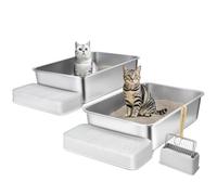 VEVOR 2 PCS Caja de Arena para Gatos de 60 x 40 x 15 cm, Arenero Extragrande de Acero Inoxidable con Pala, Tablero Ancho con Filtro y Lados Altos, Caja de Arena Abierta sin Olores para Gatos Grandes