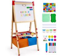 VEVOR 3 en 1 Caballete de Madera de Doble Cara para Niños con Pizarra Magnética, Pizarra, Rollo de Papel y Espacio de Almacenamiento, Caballete de Arte Ajustable con Accesorios de Pintura para Niños