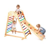 VEVOR 4 en 1 Parque Infantil de Madera para Interior, Carga 100 kg Juego de Escalada Montessori 2060 x 880 x 1205 mm con Roca de Escalar, Tobogán, Escalera de Madera y Anillas de Gimnasio, Colorido