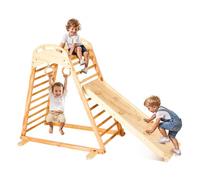 VEVOR 4 en 1 Parque Infantil de Madera para Interior, Carga 100 kg Juego de Escalada Montessori 206x88x120,5 cm con Roca de Escalar, Tobogán, Escalera de Madera y Anillas de Gimnasio, Color Madera