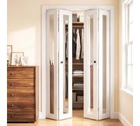 VEVOR 4 Paneles Puerta Corredera Plegable con Herrajes 1219 mm x 2032 mm | para Dormitorio, Sala de Estar, Armario, Estilo Moderno, con Espejo, Estructura de Madera y MDF, Kit de Instalación, Blanco