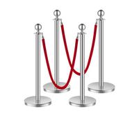 VEVOR 4 PCS Poste de Estaca de Acero Inoxidable de 1,5 m con Base Hueca de Inyección de Arena y 2 Cuerdas de Terciopelo Rojo, Barreras de Control de Multitudes para Teatro, Fiesta, Boda, Plateado