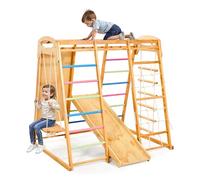VEVOR 7 en 1 Parque Infantil de Madera para Interior, Carga de 113 kg Juego de Escalada Montessori con Columpio, Barra de Mono, Tobogán, Escalera de Madera/Cuerda, Red de Escalada y Roca, Colorido